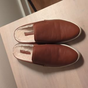 New Vince Garvey Shearling Lined Brown Leather Platform Mule Sneaker Slides Sz 7